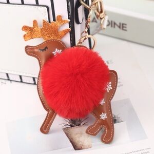 Reindeer Pom Pom Poof Keychain-KC015 red
